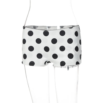 Hugcitar Fashion 2 Pcs Sets Mesh Black Short Sleeve Buttons Hole Sexy Sheer Crop T-Shirt Polka Dot Print Shorts Vacation Outfit