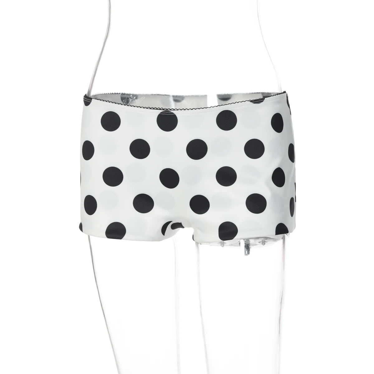 Hugcitar Fashion 2 Pcs Sets Mesh Black Short Sleeve Buttons Hole Sexy Sheer Crop T-Shirt Polka Dot Print Shorts Vacation Outfit