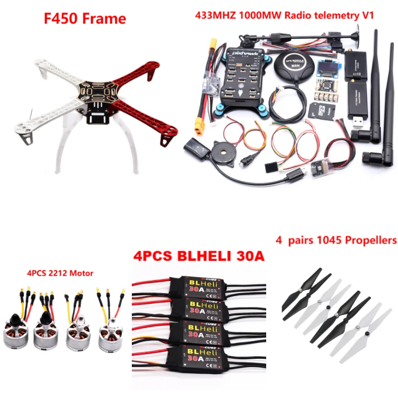PixHawk2.4.8 Flight Control F450 Drone Kit Ardupilot 100MW Radio Telemetry Quadcopter BLHELI 30A 2212 Motor ESC Landing Gear