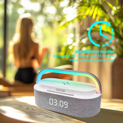 OKOP Bluetooth Speakers,6 in 1 Multi-function,Alarm Clock, Wireless Charger RGB Night Light , Audio,portable Speaker,White Noise