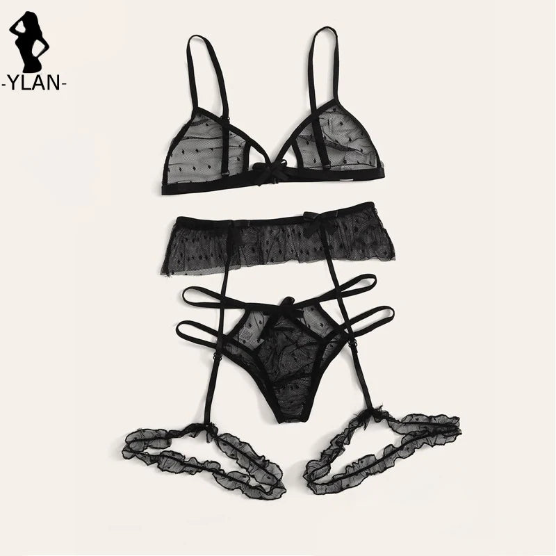 Bra set Women Sexy Mesh Lingerie Set Polka Dot Transparent Harness Lingerie Hollow Out Bralette+Garter+Thong 3pcs Underwear Set