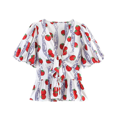 Willshela Women Fashion 2 Piece Set Printed Bow Lace Up Shirts & Vintage Front Zipper Mini Shorts Female Chic Lady Shorts Sets