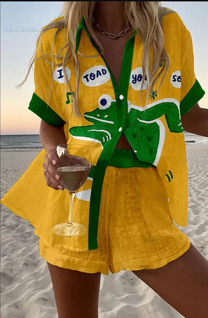 Casual Women Printed Blouse Shorts Two Pieces Sets Lapel Short Sleeve Button Shirt Suit Female New Summer Beach Holiday Outfits