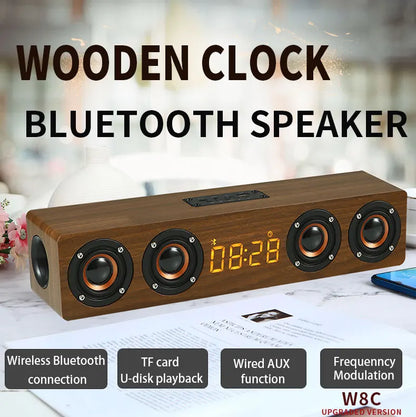 Domars Wireless Bluetooth 5.0 Speakers Wooden Alarm Clock Display Sound System Player with AUX TF FM Radio Subwoofer Box