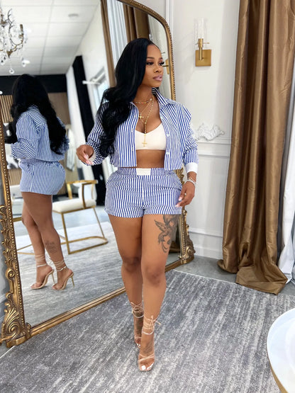 HLJ Spring Summer Ladies Shorts Outfits Stripes Crop Shirt Top + Shorts Two Piece Set Casual Matching Women 2 Piece Clothing Set