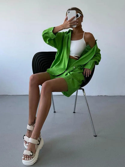 Summer Women's Suit Shirt and Short Sets Solid Color Casual Cotton and Linen Blouse and Shorts Two Piece Sets Women Outfit 2026