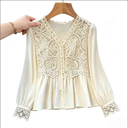 White Lace Blouse Patchwork Shirt Long Sleeved Top luxury Temperament Shirt Hollow Lacey Blous Vneck Ladies Blouses
