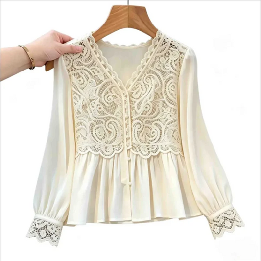 White Lace Blouse Patchwork Shirt Long Sleeved Top luxury Temperament Shirt Hollow Lacey Blous Vneck Ladies Blouses