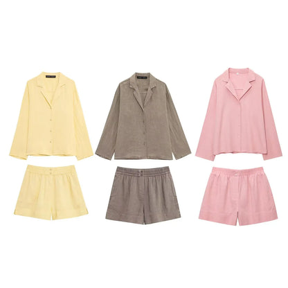 HH Women Casual Shorts Suit Lapel Single-Breasted Long Sleeves Shirt Top+Summer Elastic Waist Pocket Design Elegant Shorts
