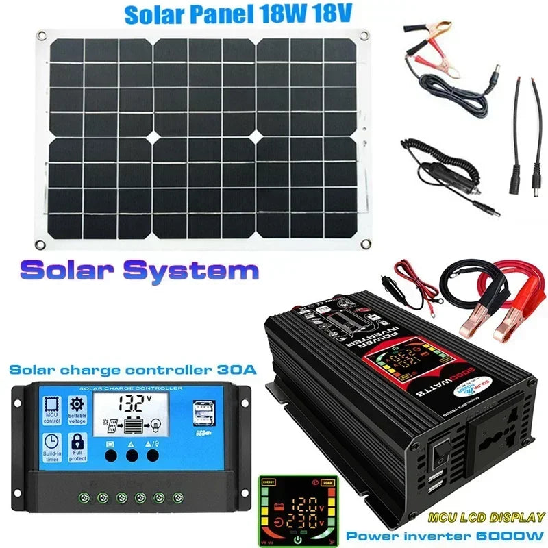 110/220V Solar Power System 18W Solar Panel Battery Charge 30A Controller 6000W 12V 220V Inverter Complete Power Generation Kit