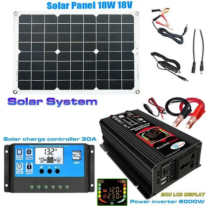 110/220V Solar Power System 18W Solar Panel Battery Charge 30A Controller 6000W 12V 220V Inverter Complete Power Generation Kit