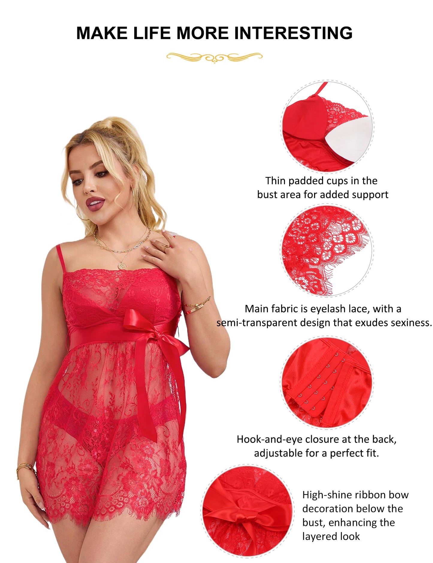 Comeondear Women Sleepwear Floral Lace Nightgown Valentine's Sheer Nighty Dresses Sexy Babydoll Adult Hot Lingerie with Thong