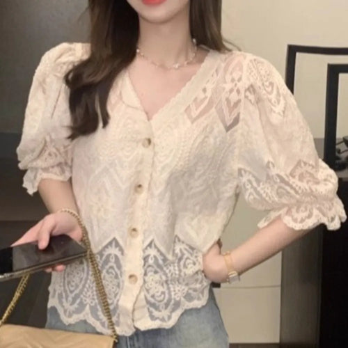 New Lace Hollow Out Bubble Sleeve Shirt Elegant V-neck Button Up Shirt Sweet Short Sleeve Blouses Summer