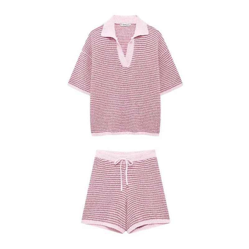 Willshela Women Fashion Two Piece Set Striped Lapel Neck Shirt & Elastic Waist Shorts Chic Lady Women Shorts Sets