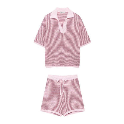Willshela Women Fashion Two Piece Set Striped Lapel Neck Shirt & Elastic Waist Shorts Chic Lady Women Shorts Sets