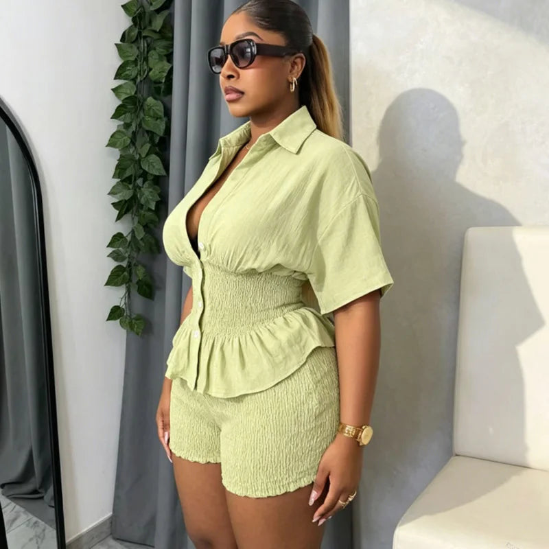 Elegant New Design WomenSummer Two Piece Set Solid Color Short Sleeve Elastic Waist Ruffles Hem Blouse Top And Folds Shorts Set