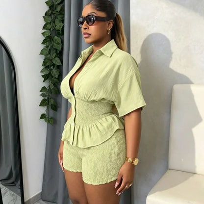 Elegant New Design WomenSummer Two Piece Set Solid Color Short Sleeve Elastic Waist Ruffles Hem Blouse Top And Folds Shorts Set