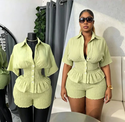 Elegant New Design WomenSummer Two Piece Set Solid Color Short Sleeve Elastic Waist Ruffles Hem Blouse Top And Folds Shorts Set