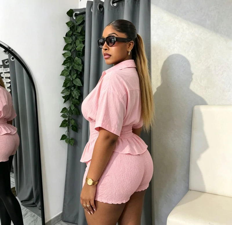 Elegant New Design WomenSummer Two Piece Set Solid Color Short Sleeve Elastic Waist Ruffles Hem Blouse Top And Folds Shorts Set