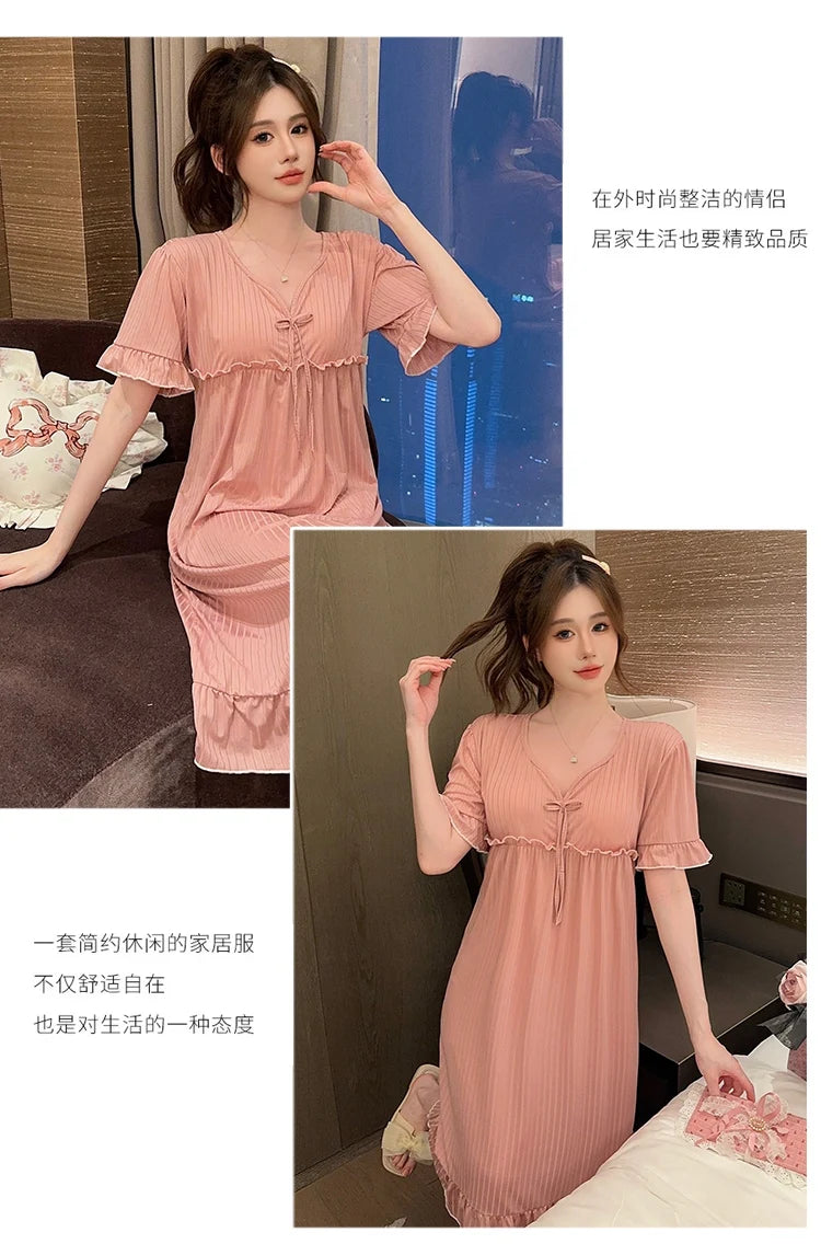 Hot Summer Plus Size Sexy Lace V-neck Short Sleeve Cotton Nightgowns for Women Cute Sleepwear Night Dress Nightdress Home Nighty