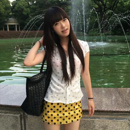 Karrram Japanese Y2k Polka Dots Shirt 2000s Style Aesthetics V-neck Blouses Vintage Harajuku Short Sleeve Shirt Korean Retro 90s