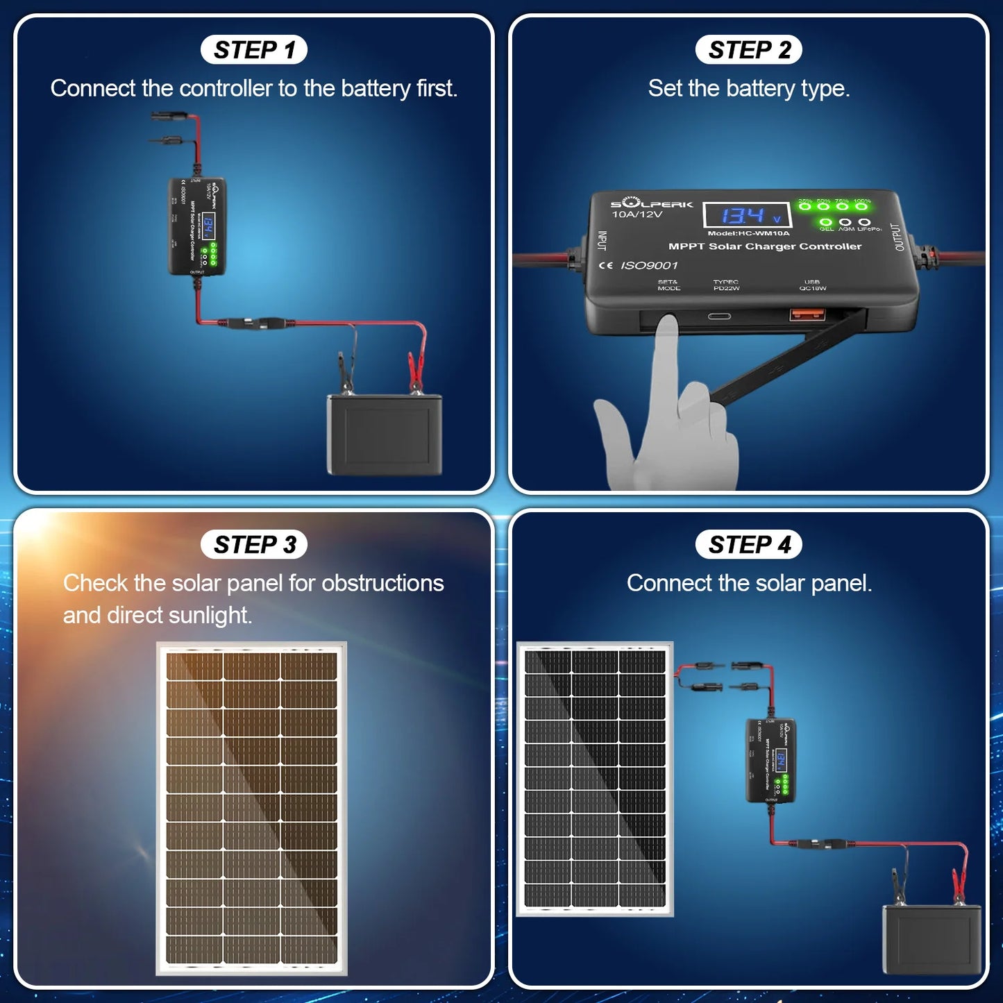 MPPT 10A 12V Solar Charge Controller with LCD Display, Solar Panel Charge Controller with Type-C and USB Output for Solar Panel