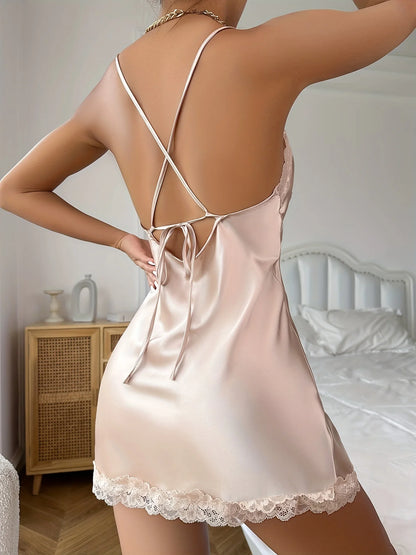 New Style Luxury Nightgown Women Sleep Wear Lace Satin Nightdress Deep V Backless Nightgowns Halter Silk Sleepshirts Night Dress