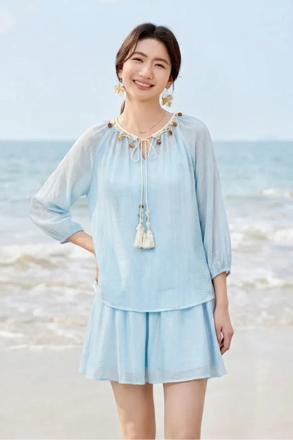 SENTUBILA Women's 2 Piece Bohemian Blouse Summer Set 2026 Beaded Tie Top Elastic Waist Shorts Clothing Set 161ZC4660