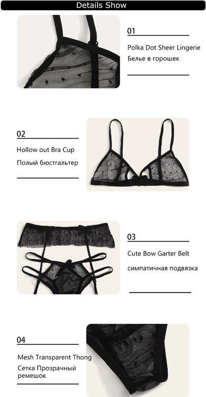 Bra set Women Sexy Mesh Lingerie Set Polka Dot Transparent Harness Lingerie Hollow Out Bralette+Garter+Thong 3pcs Underwear Set
