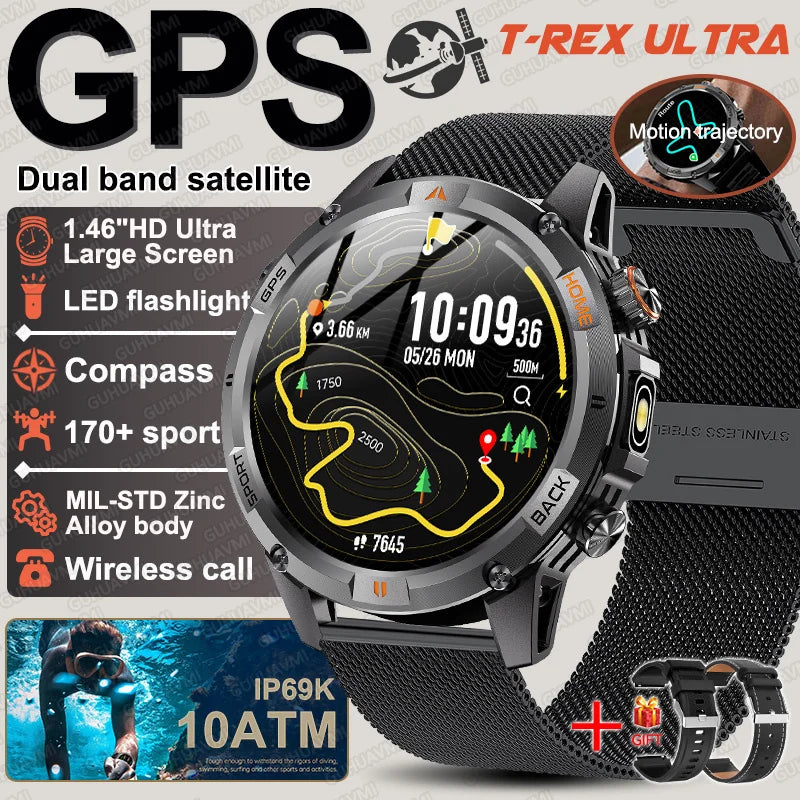 New Military GPS Smart Watch GPS LED Waterproof Heart Rate Sport BT Call HD AMOLED Smartwatch