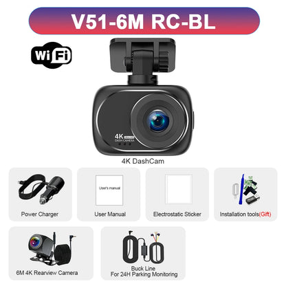 Dash Cam 4K UHD Recording Car Camera DVR Night Vision Video Recorder GPS Wi-Fi Support Dual Lens 4K Rear View Camera