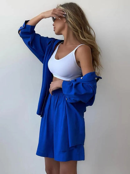 Summer Women's Suit Shirt and Short Sets Solid Color Casual Cotton and Linen Blouse and Shorts Two Piece Sets Women Outfit 2026