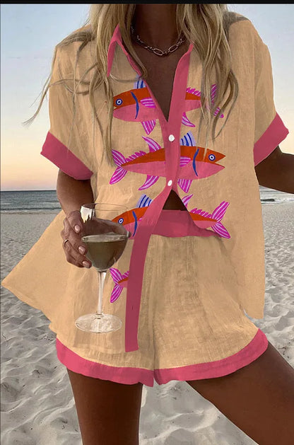 Casual Women Printed Blouse Shorts Two Pieces Sets Lapel Short Sleeve Button Shirt Suit Female New Summer Beach Holiday Outfits