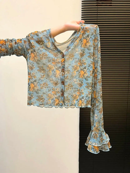 Floral Blouse For Women V-neck Flare Sleeve Slim Fit Gauze Shirts 2026 Blusas Mujer De Moda Vintage Summer Sweet Blouses Tops