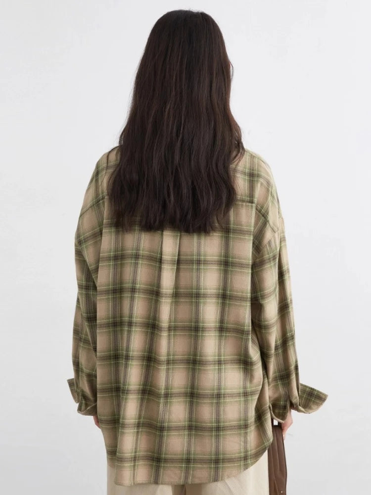CHIC VEN Women Shirts Loose Casual New Sanding Plaid Shirt Long Sleeve Medium Long Length Blouses Female Tops Spring Autumn 2025