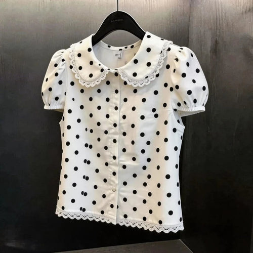 Summer Women's Doll Collar Short-sleeved Blouse Dot Pattern Elegant Lace Trim Sweet Buttons Shirts Tees Korean-style Chic Shirt