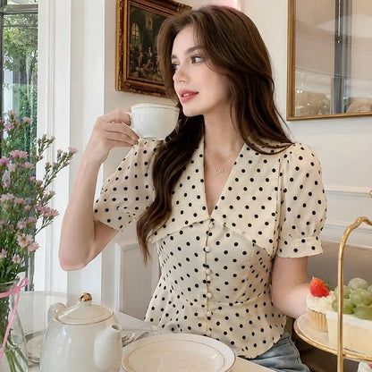 NEW Peter Pan Collar Women's Blouse Retro Summer Polka Dot Shirts Casual Commute Outfit Short Sleeve for Office Ladies