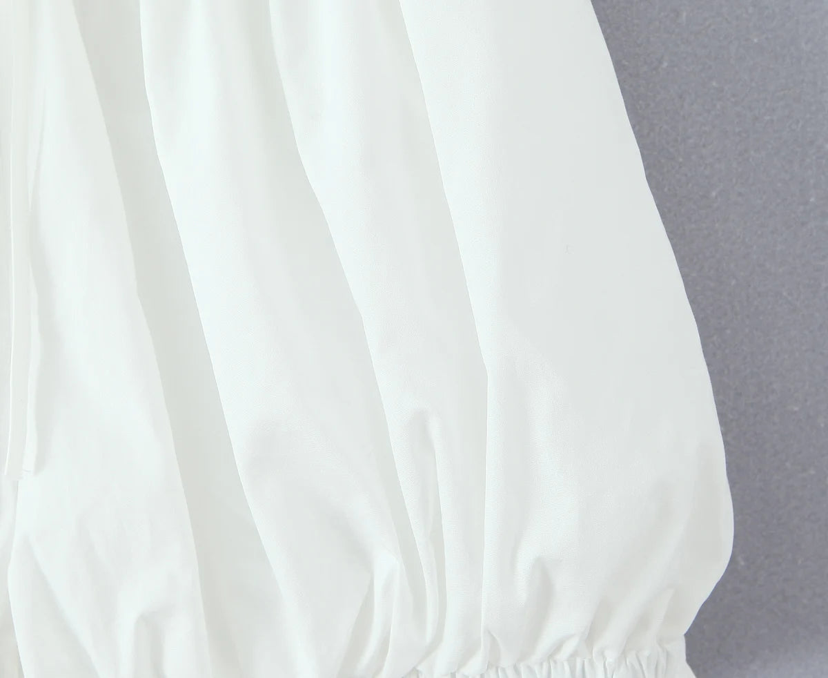 2 pieces 1 set Spring Summer White Elastic Slash Shoulder Lantern Sleeve Shirt + Wood ears Elastic Waist BUD Mini Shorts Suits