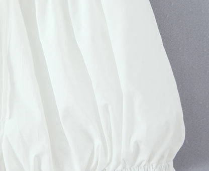 2 pieces 1 set Spring Summer White Elastic Slash Shoulder Lantern Sleeve Shirt + Wood ears Elastic Waist BUD Mini Shorts Suits