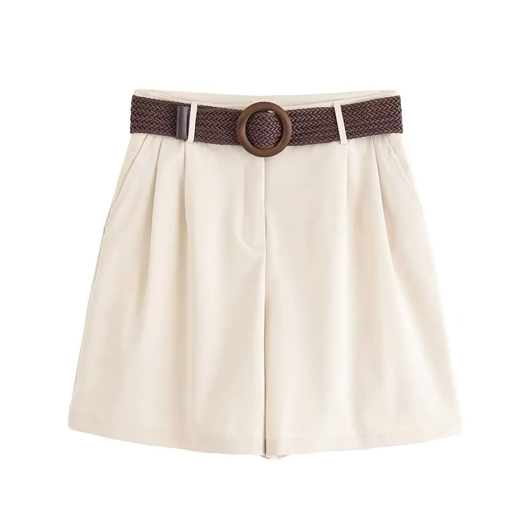 HH Women Elegant Turn-Down Collar Single-Breasted Shirts Top+Chic Mid Waist Belt Decoration Zipper Casual Shorts 2-Piece Set