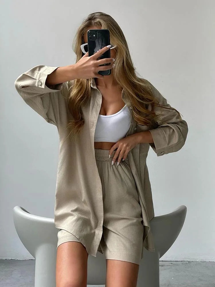 Summer Women's Suit Shirt and Short Sets Solid Color Casual Cotton and Linen Blouse and Shorts Two Piece Sets Women Outfit 2026