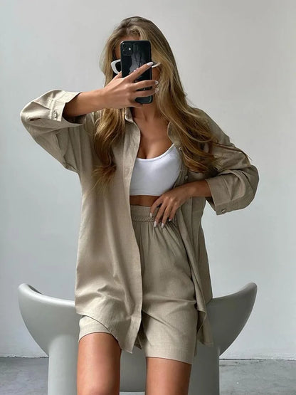 Summer Women's Suit Shirt and Short Sets Solid Color Casual Cotton and Linen Blouse and Shorts Two Piece Sets Women Outfit 2026